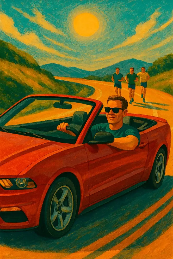 Изображение человека на кабриолете, обгоняющего бегунов